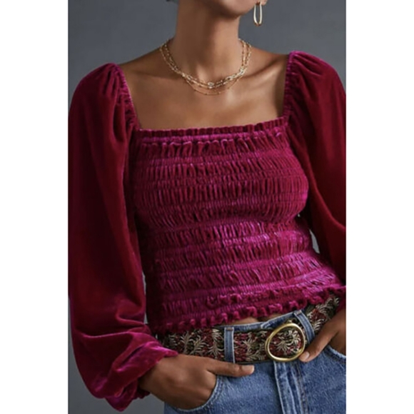 Anthropologie Puff-Sleeved Velvet Blouse - Pink - Picture 2 of 5